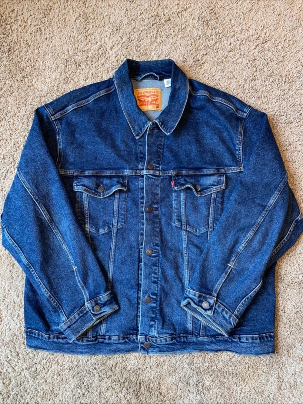 Levi’s Denim Trucker Jacket Mens Size 3XL Jean Classic Red Tab Dark Wash Utility